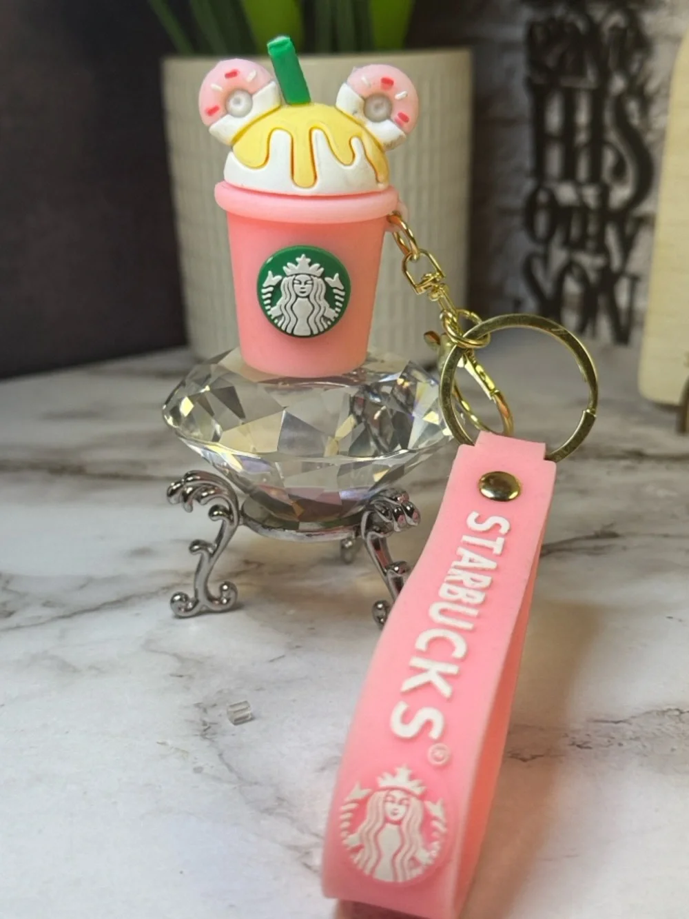 Starbucks Pink & Green Donut Frappuccino Keychain with Gold Hardware - Picture 2 of 2